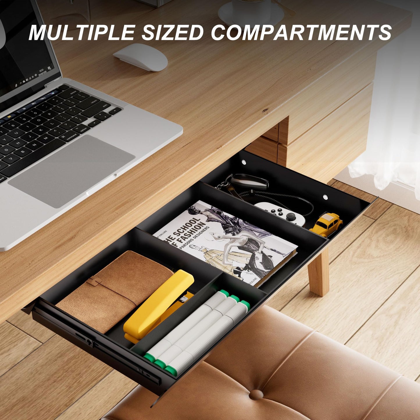 Gaxomo Under Desk Drawer with Removable Tray, 22.4" Wide 2-in-1 Organizer – 60° Ergonomic Tilt