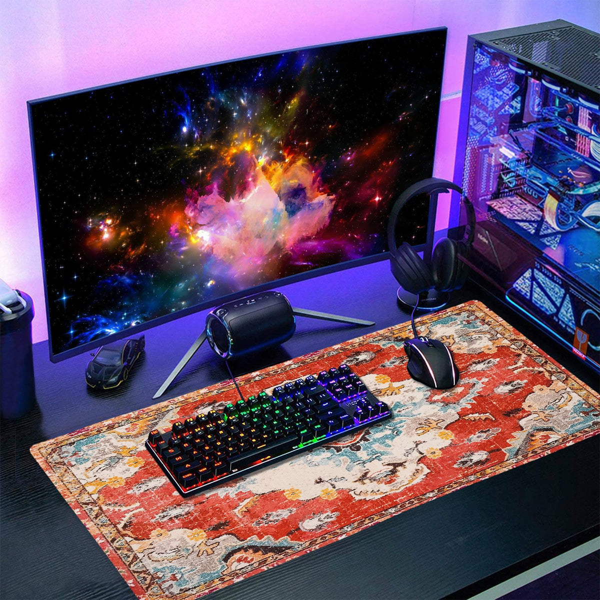 Vintage Rug Mouse Pad XXL Red Orange Retro Carpet Aesthetic Extended Table Mat 90X40 cm Non-Slip