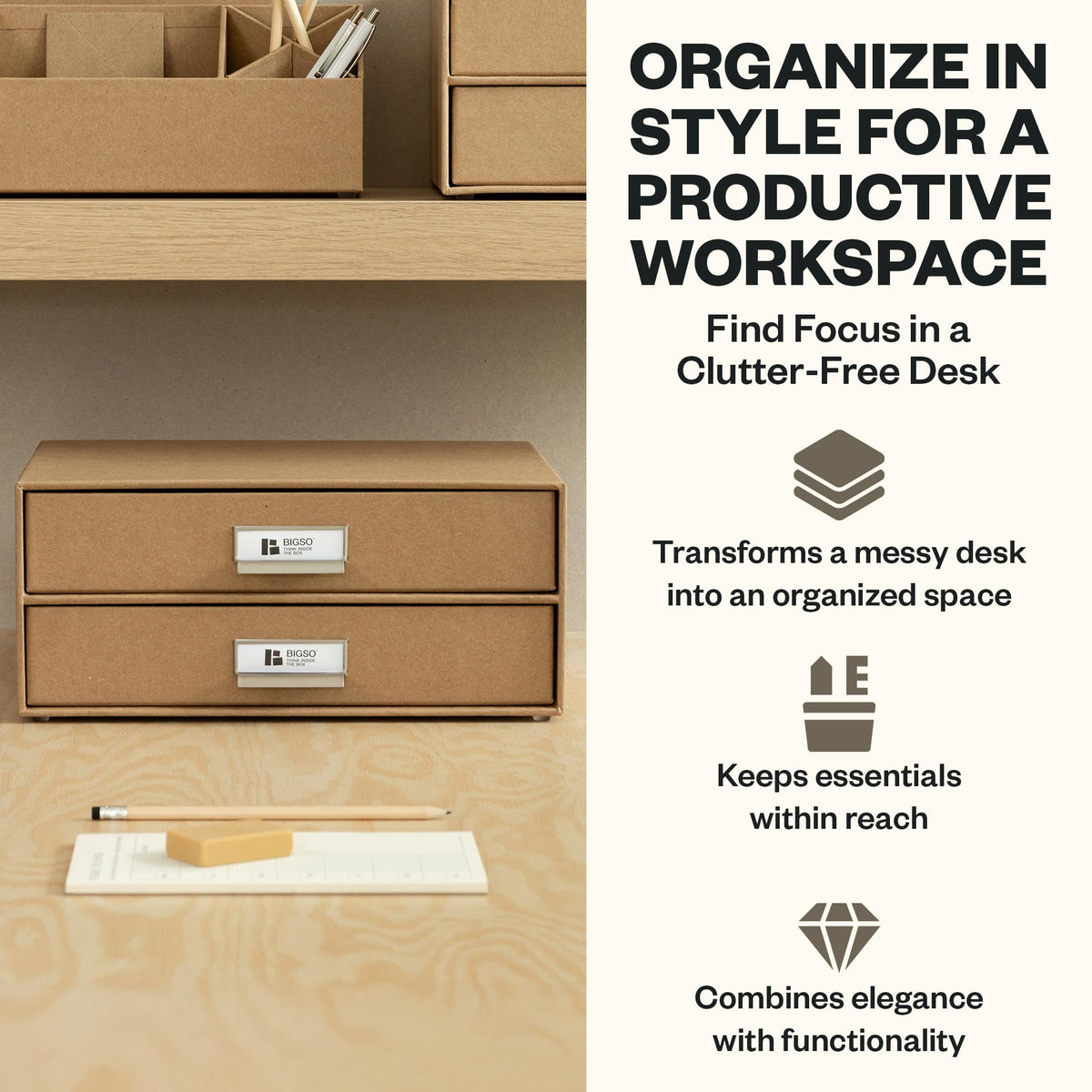 Bigso Birger 2-Drawer Fiberboard Document Letter Box - Paper Storage Drawers for A4 and Letter