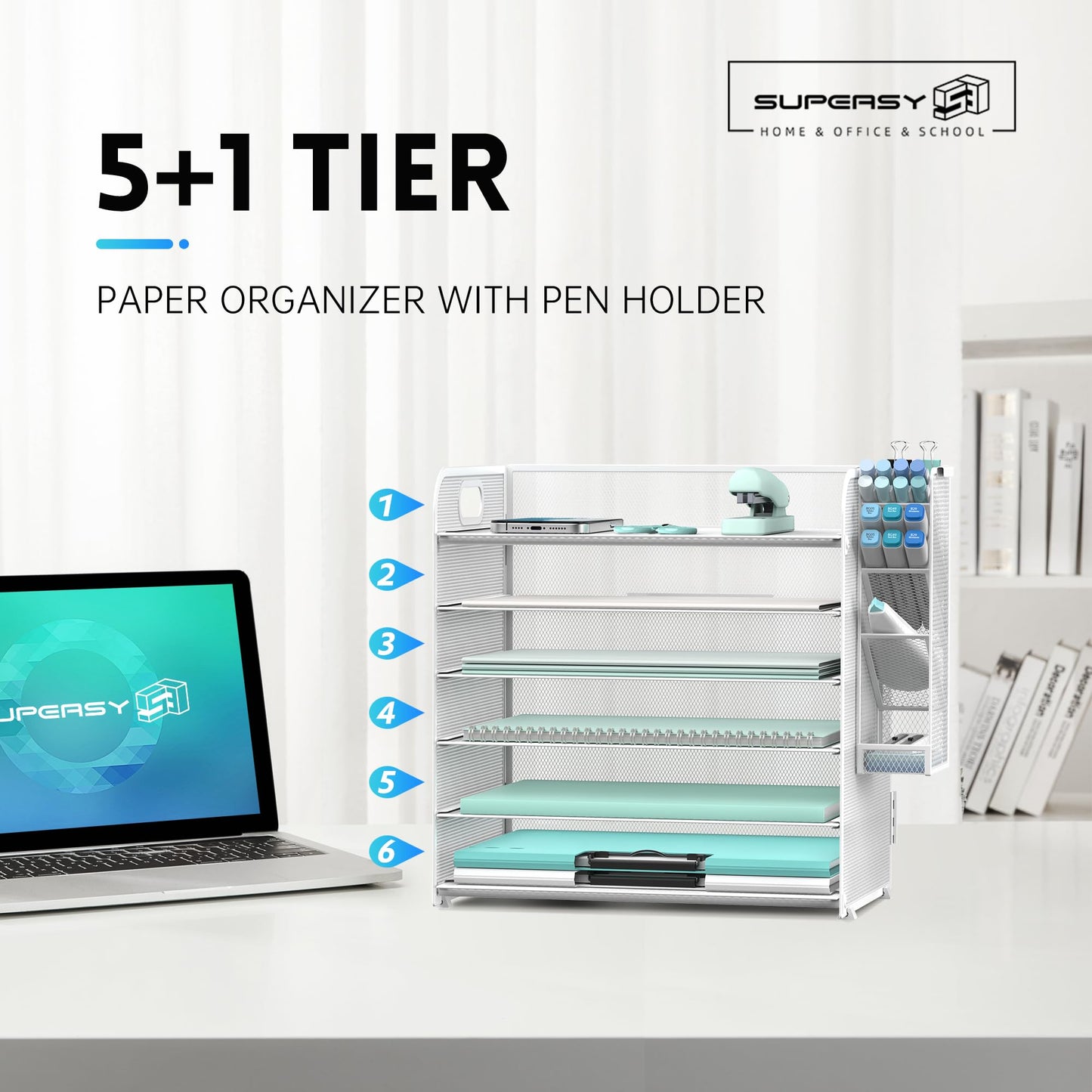 Supeasy 6 Tier Desk Organizer with 4 Pen Holders & Mesh Paper Trays White