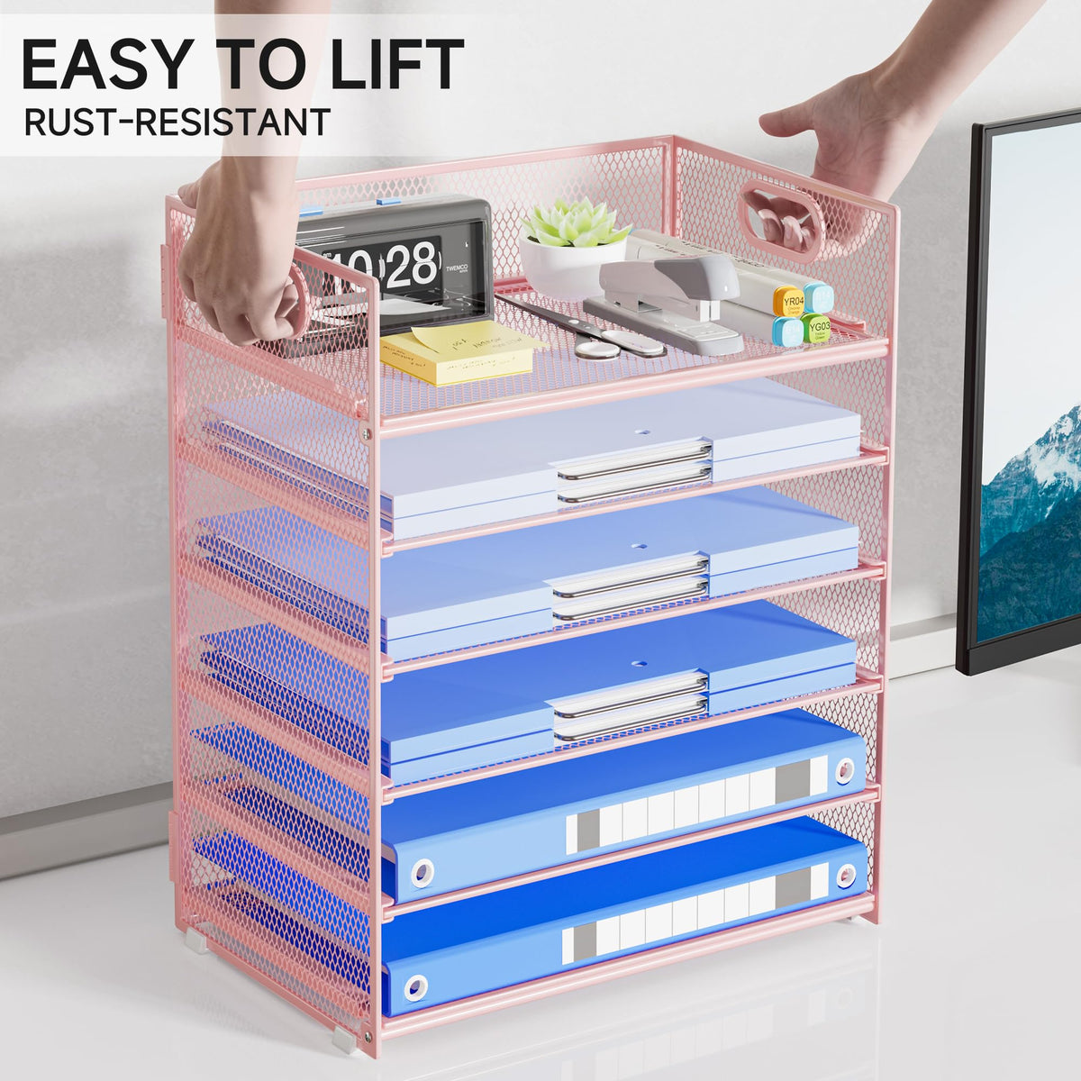 Kinkota Pink Paper Organizer for Desk with Handle, 6-Tier