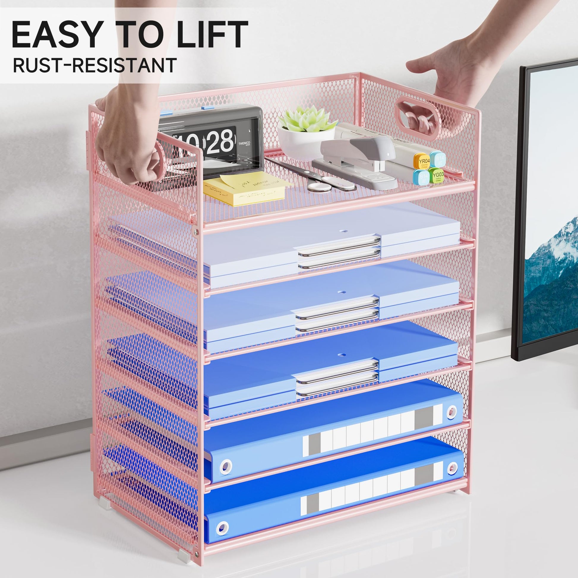 Kinkota Pink Paper Organizer for Desk with Handle, 6-Tier