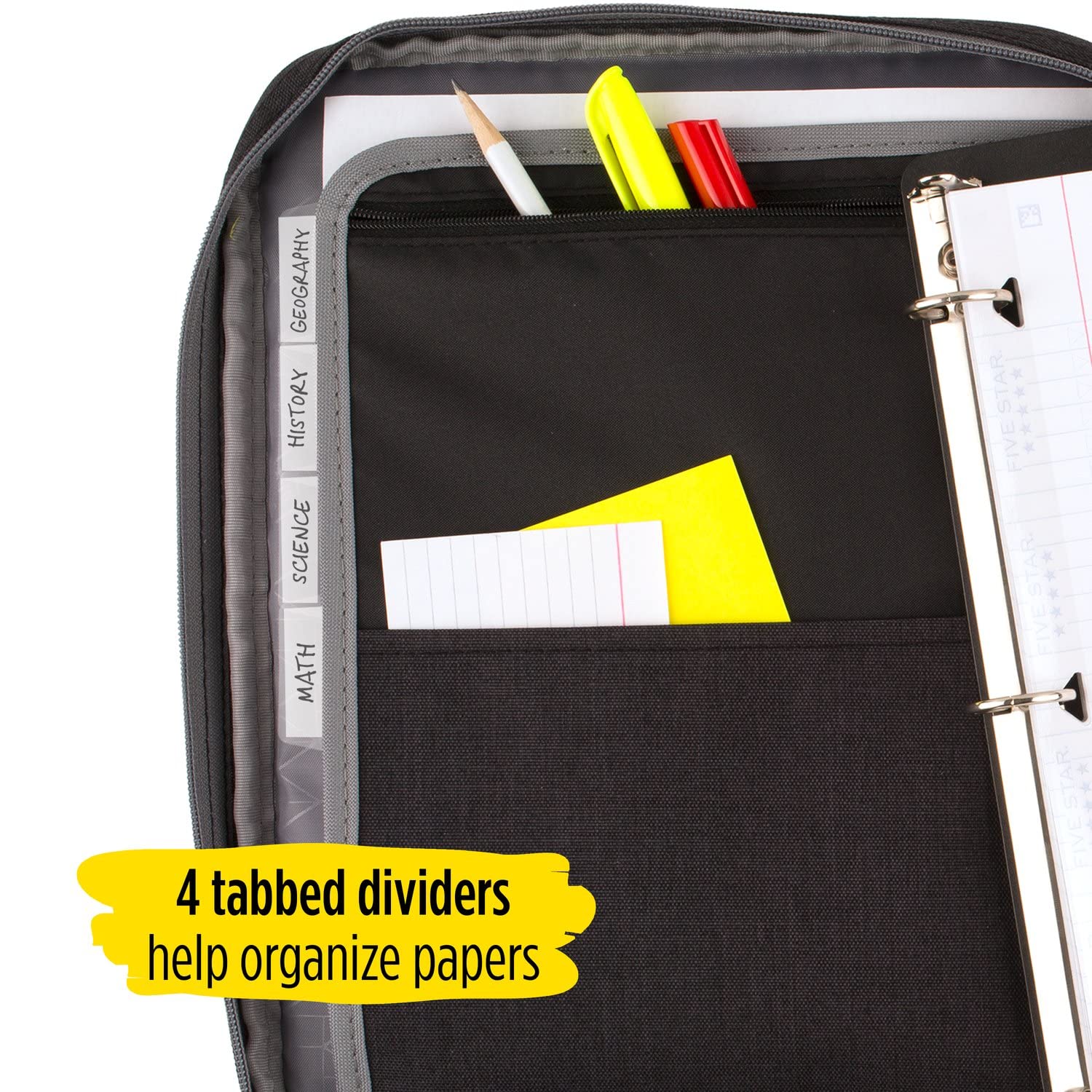 Five Star Zipper Binder, 1 Inch 3-Ring Binder with Round Rings, Carry-All with Pockets and 4-Tab