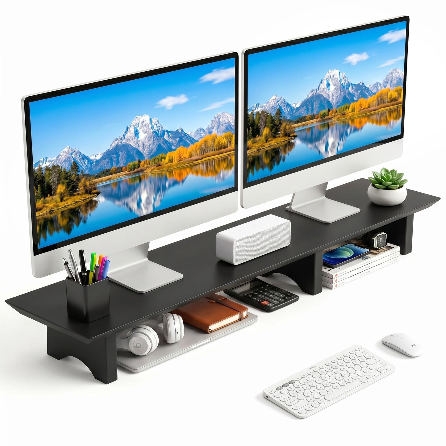 Aothia 43 in Black Solid Wood Dual Monitor Stand, Monitor Riser for Desk