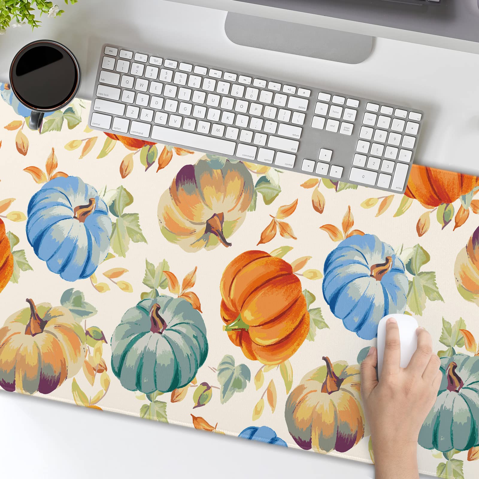 Watercolor Fall Pumpkins Gaming Mouse Pad XL Autumn Leaves Extended Big Large Desk Mat Non-Slip