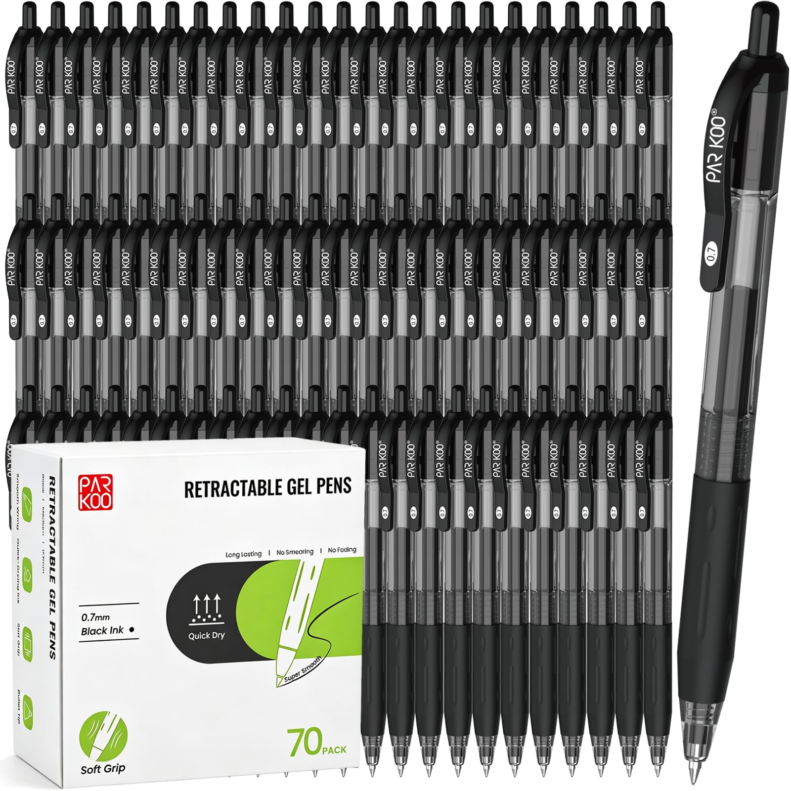 ParKoo Gel Pens Bulk, 70 Pcs Retractable Black Ink Pens, Quick Dry, 0.7mm