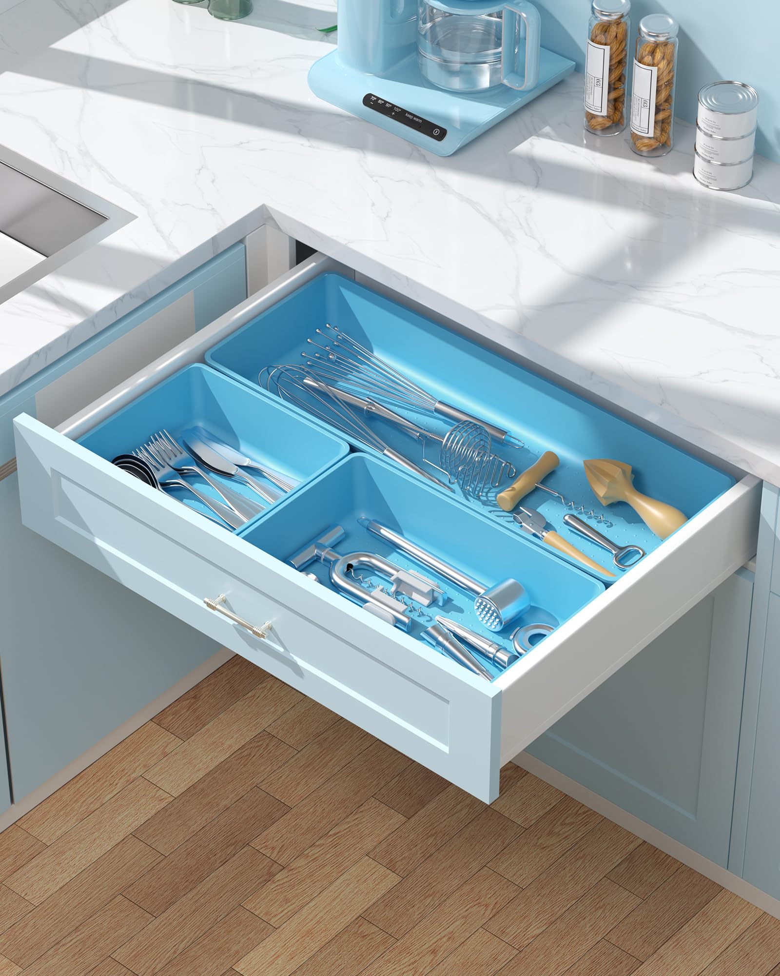 MLIKLU 10 Pack Large Size Plastic Drawer Organizers Set, 3 Sizes Desk Drawer Organizer Trays