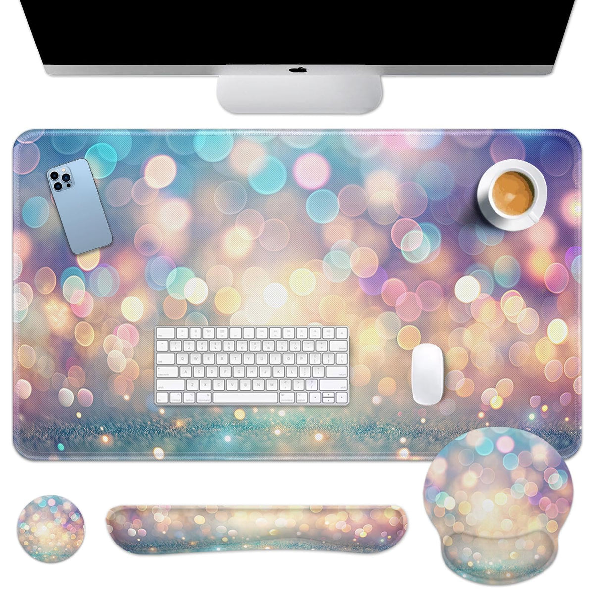 Britimes Keyboard Mouse Pad Set, 4 in 1 Desk Mat Set, Pink Blue Glitter