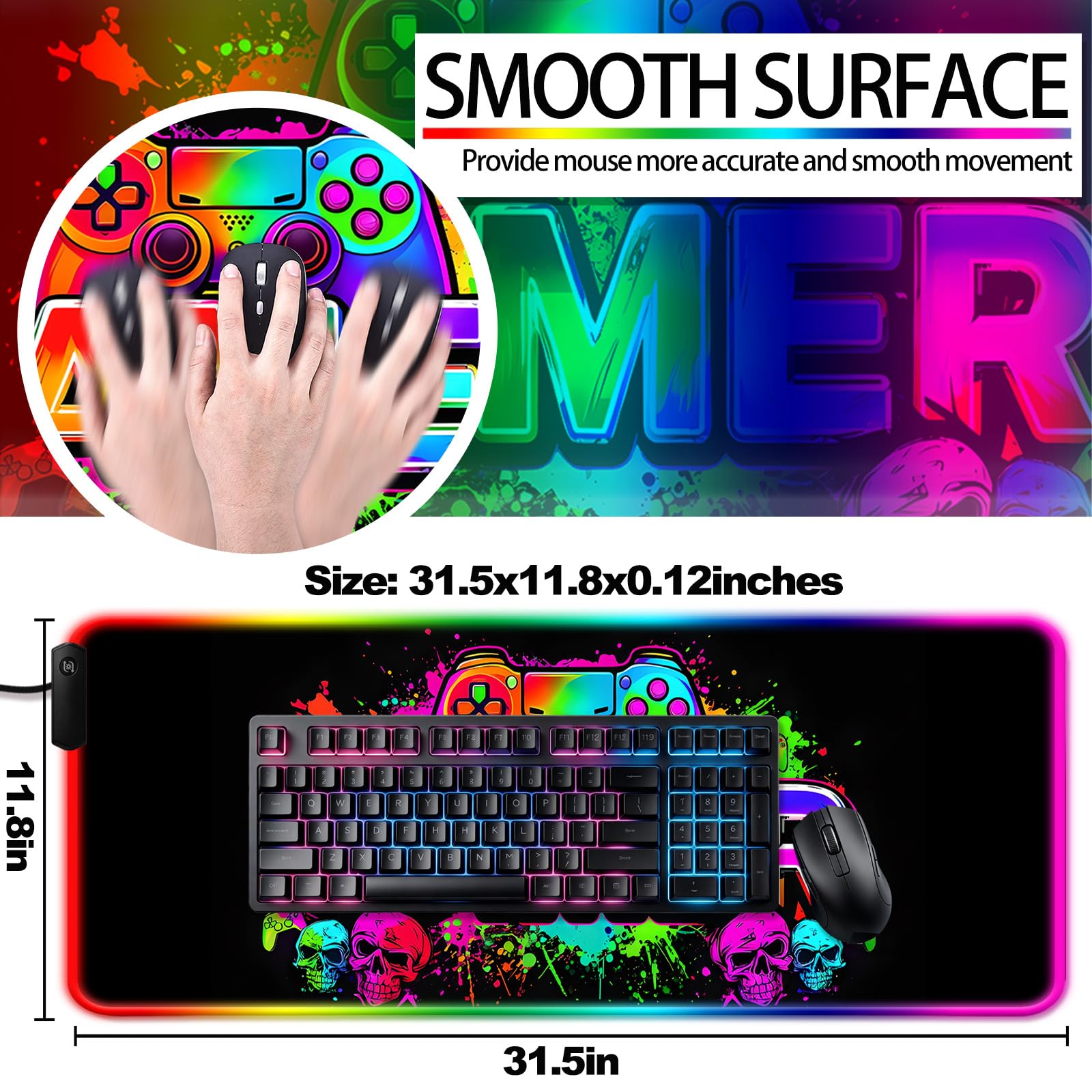 JIANG100 RGB Black Gaming Desk Mat, XL Mouse Pad for Gamer
