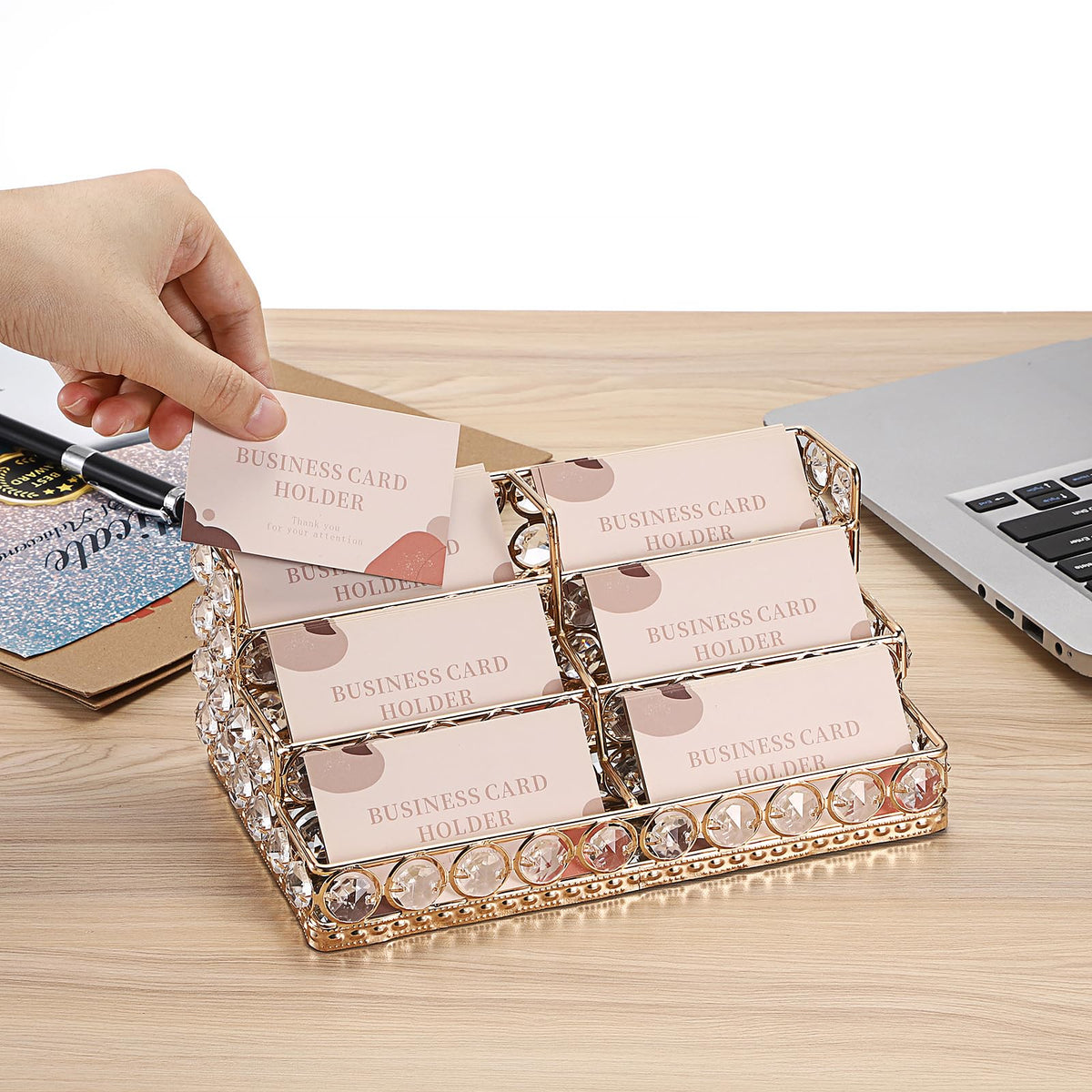 Hipiwe 3 Tiers Crystal Business Card Holder Gold Business Card Display Stand with 6 Slots Name Card