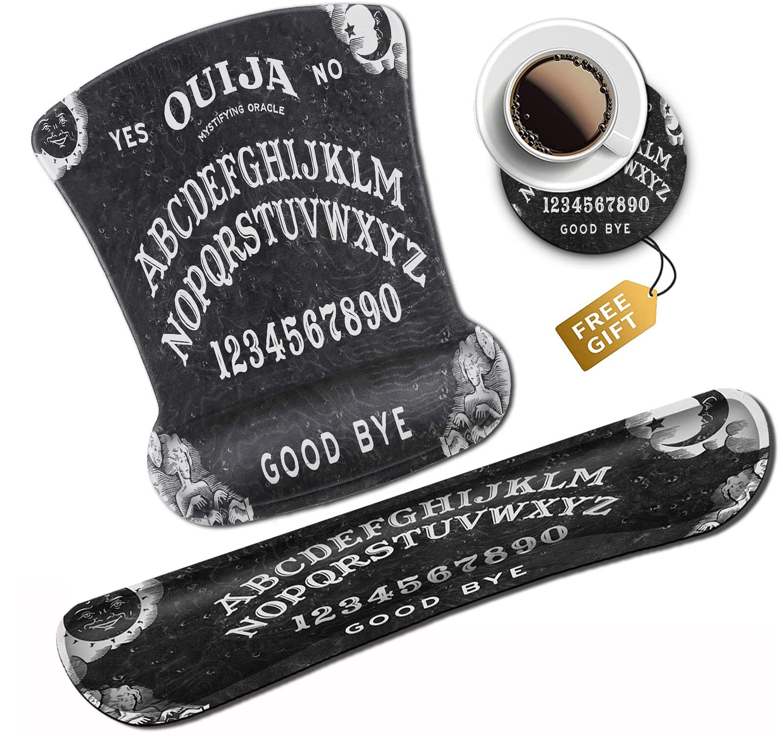 Black Mouse Pad with Stitched Edge, Non-Slip Rubber Base, Ouija Board Witch Pattern, Office