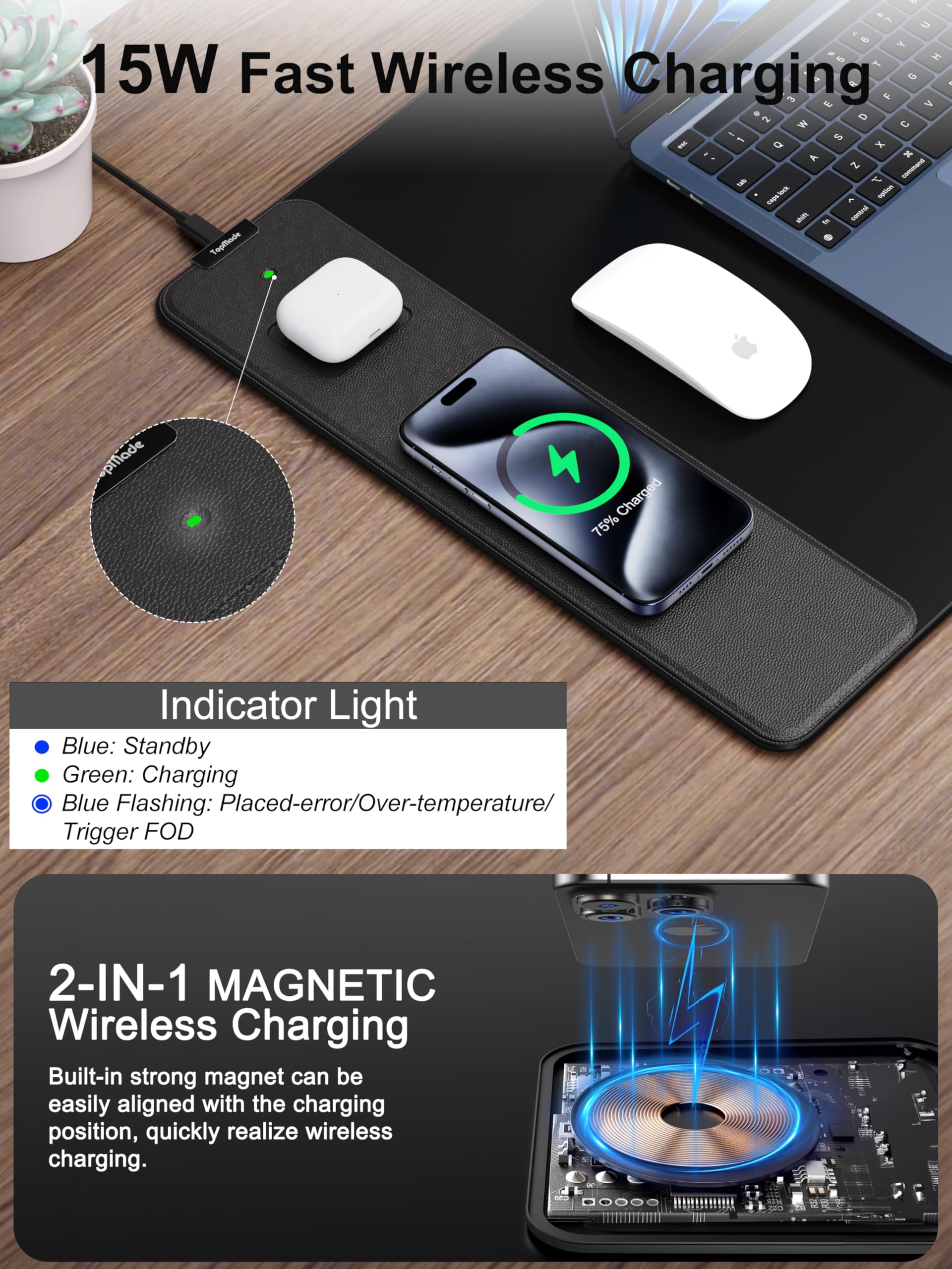 Mouse Pad with 15W Wireless Charging, 35.43"x15.75" XXXL Large Desk Mat