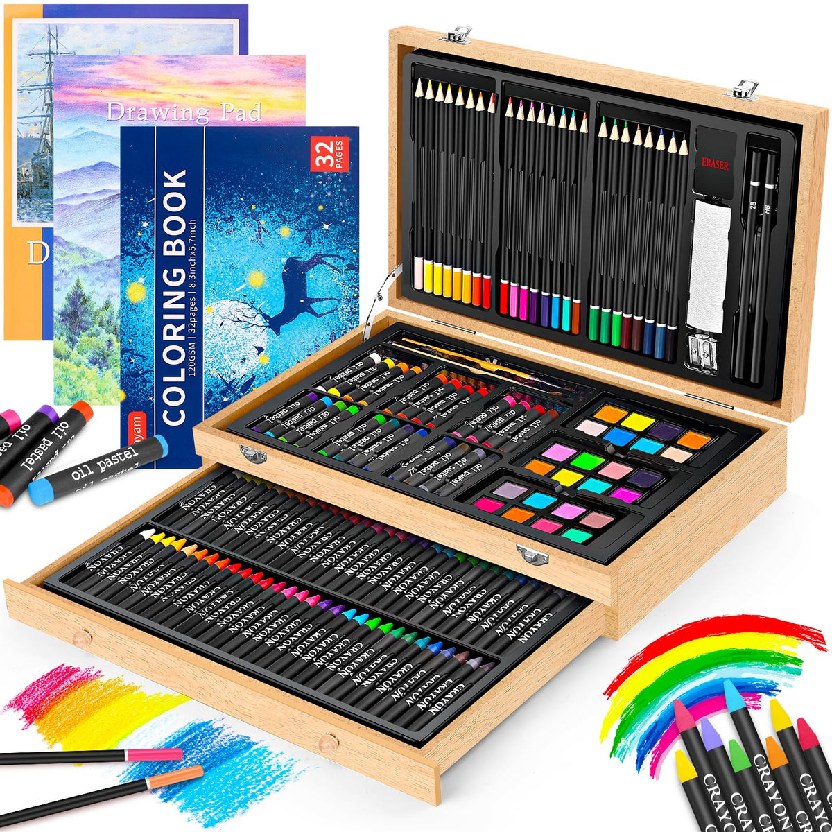 iBayam 150-Pack Deluxe Wooden Art Set Crafts Drawing Painting Kit