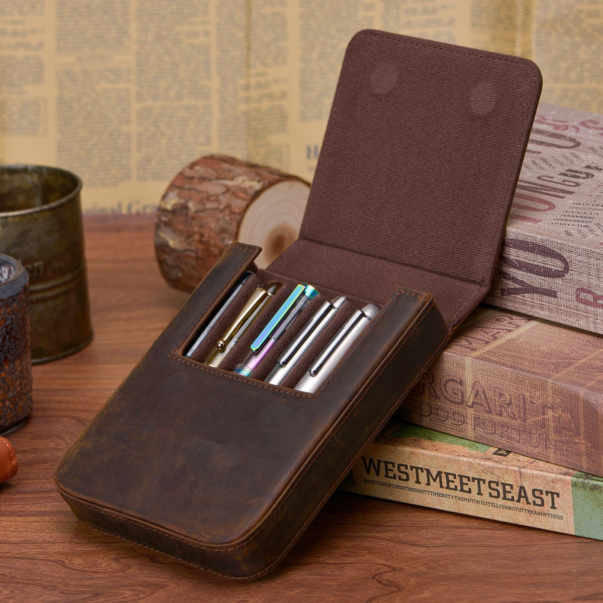 Lanxivi Genuine Leather Fountain Pen Case 6 Slot Crazy Leather Organizer, Portable Pen Bag Pouch