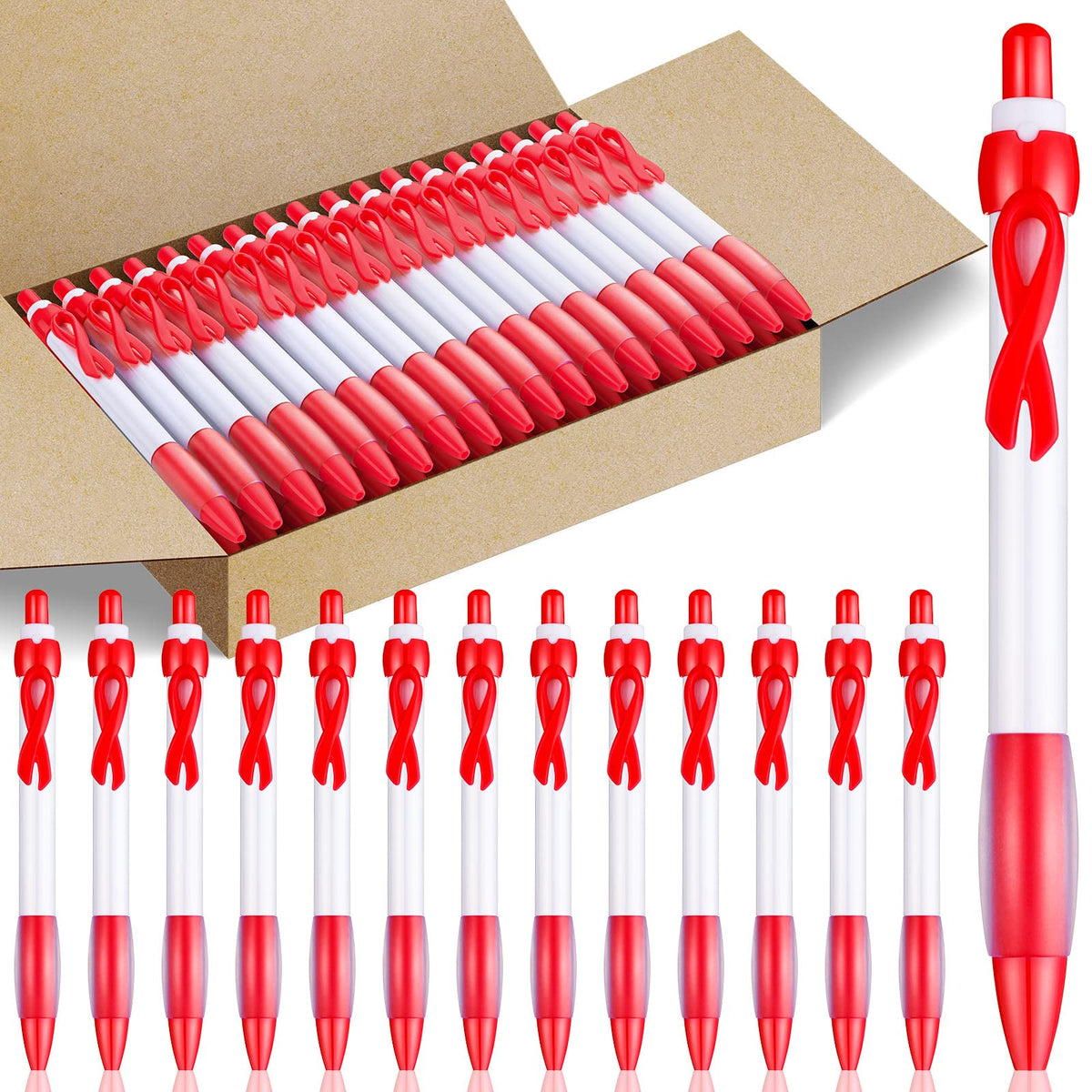 Yexiya 100 Pcs Heart Disease Awareness Pen Red Ribbon Pen Bulk, Black Ink
