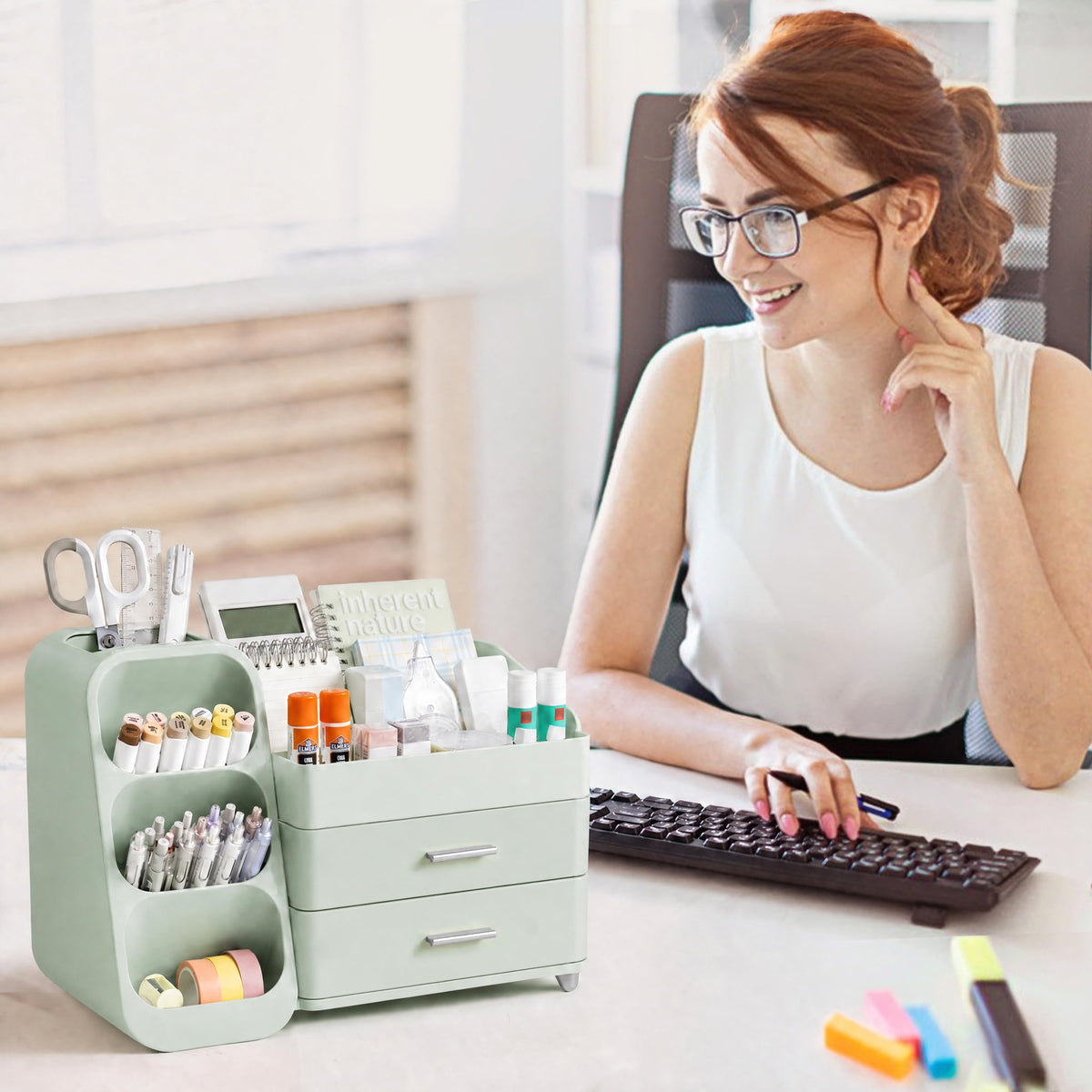 HBlife Desk Organizer with Pen Pencil Holder for Desk, Pen Organizer with 2 Drawers, Desk