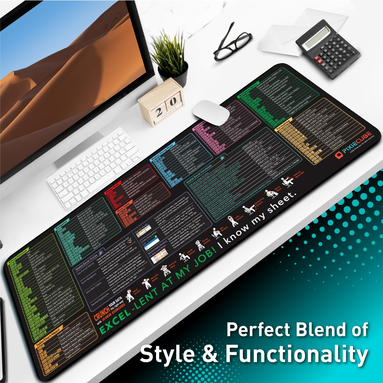 Pixiecube Excel Cheat Sheet Desk Pad | Excel Shortcut Keys Mouse Pad | Extended Large XL Gaming