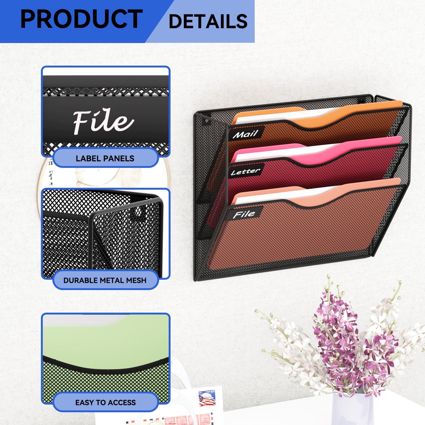 GDINDINFAN 3 Pockets Hanging Wall File Organizer Mail Holder, Wall Mounted Paper Document Folder