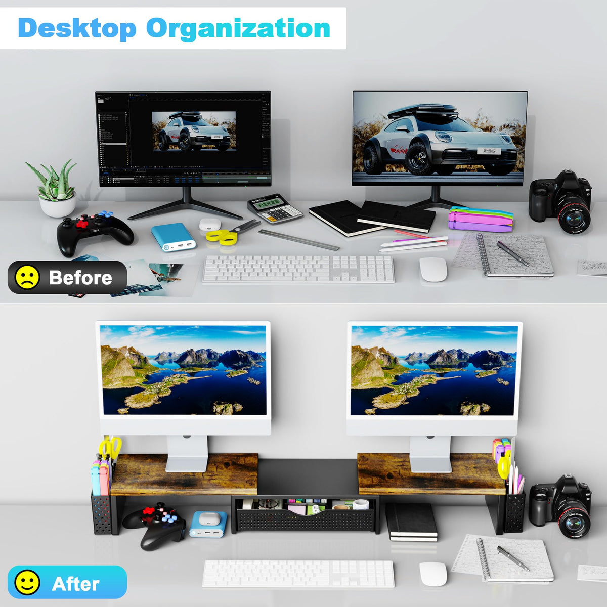 Spacrea Wood Dual Monitor Stand Riser with Drawer and 2 Pen Holders