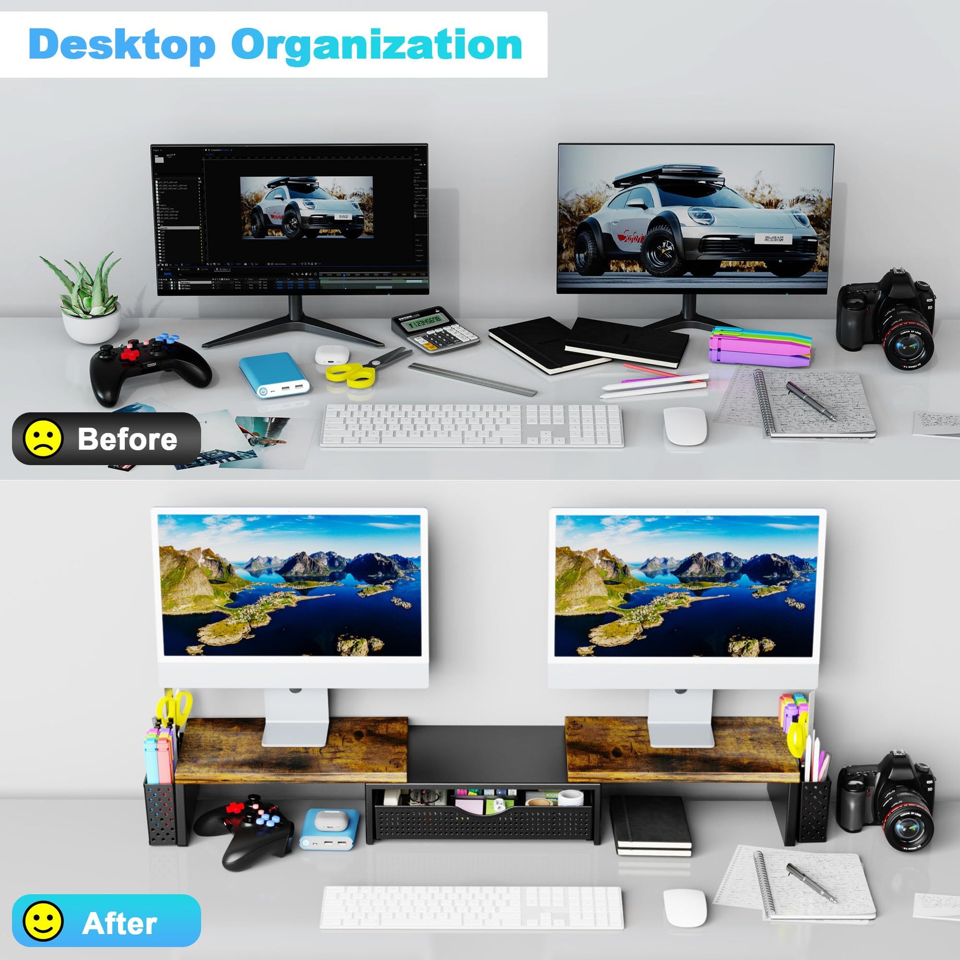 Spacrea Wood Dual Monitor Stand Riser with Drawer and 2 Pen Holders