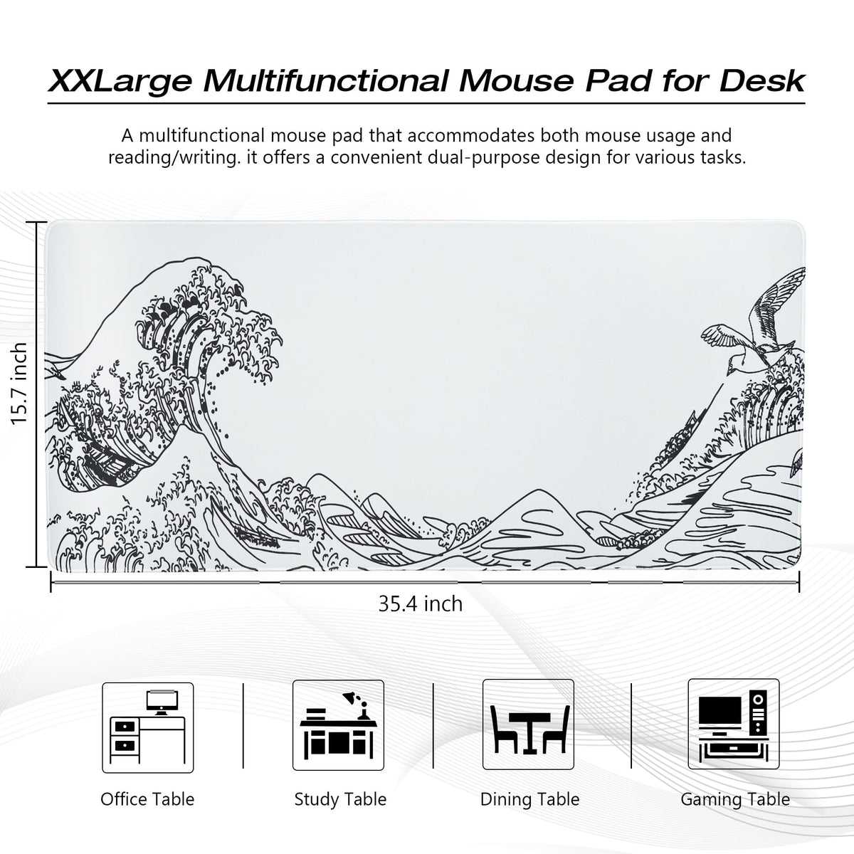 Large Gaming Mouse Pad for Desk,Kanagawa XXL Mouse Pad 35.4x15.7 Inch,Waterproof Desk Pad,Non-Slip