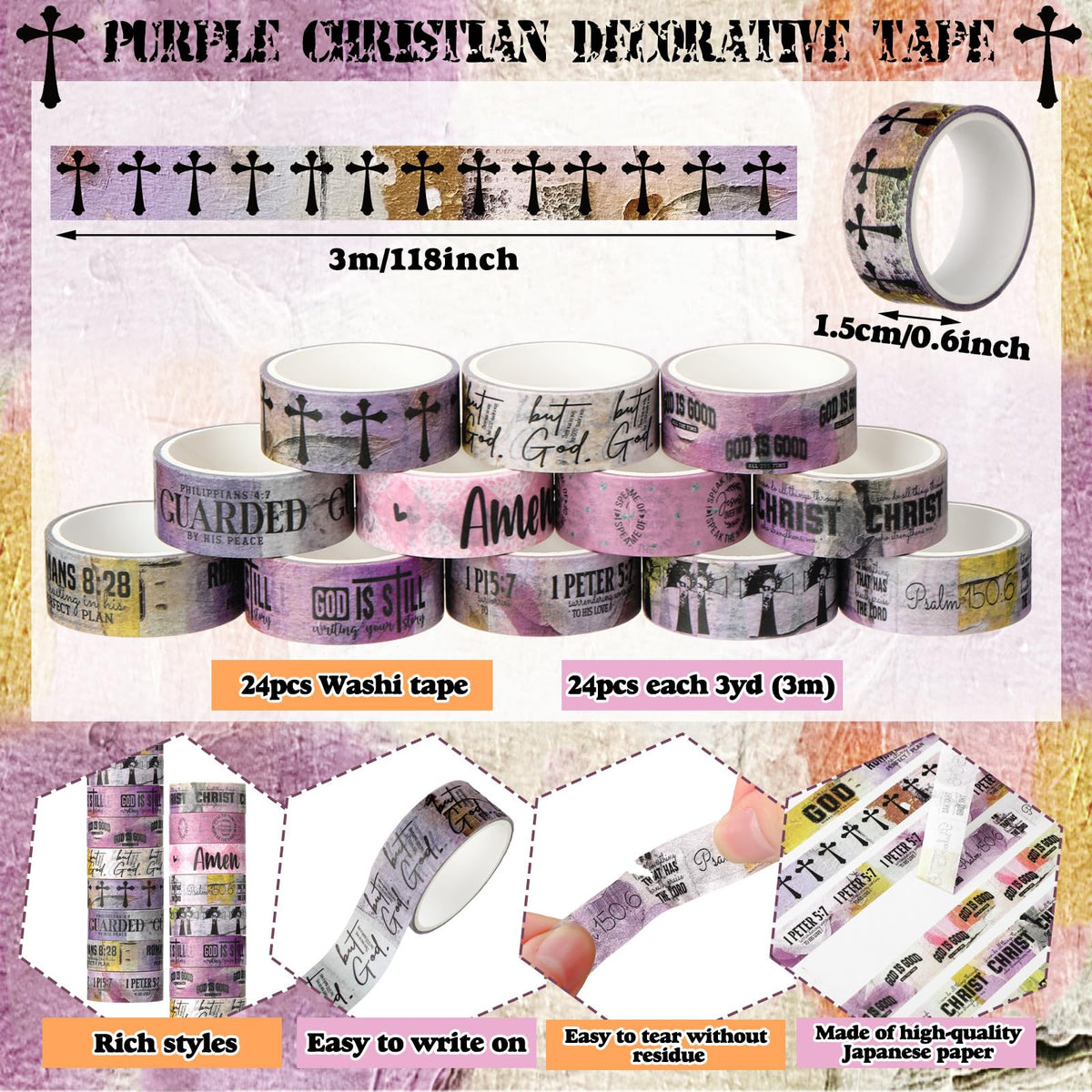 Janlaugh 24 Rolls Christian Washi Tape Gifts for Bible Journaling, Purple