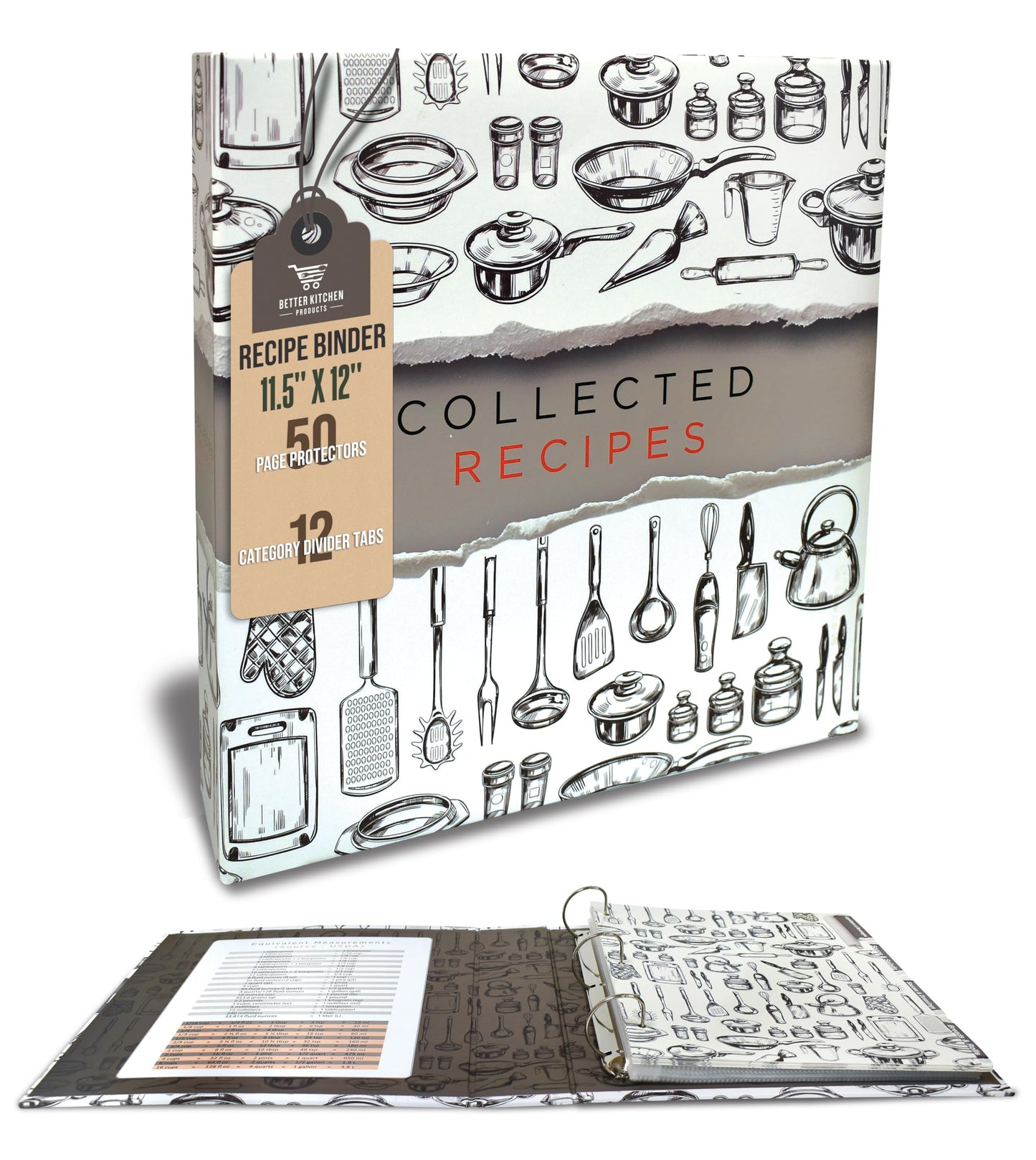 Better Kitchen Products Recipe Binder, Full Page 3 Ring Standard Binder Organizer Set (with 50 Page