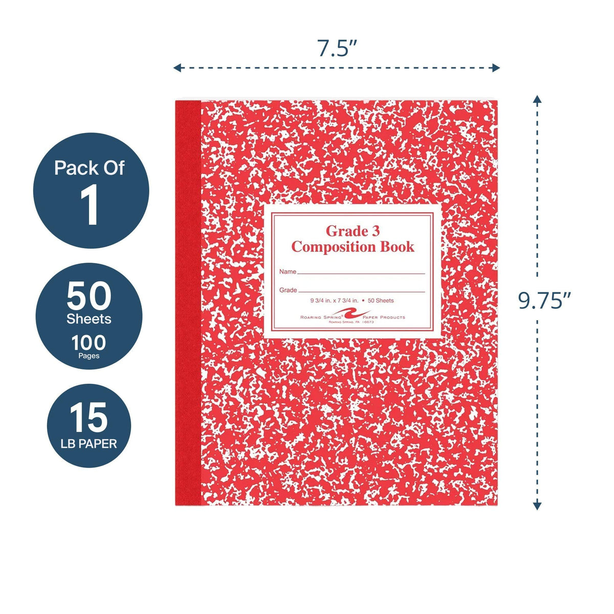 Roaring Spring Paper Products Composition Book, Grade 3 Ruled, 50 Sheets, 9-3/4 x 7-3/4 Inches, Red
