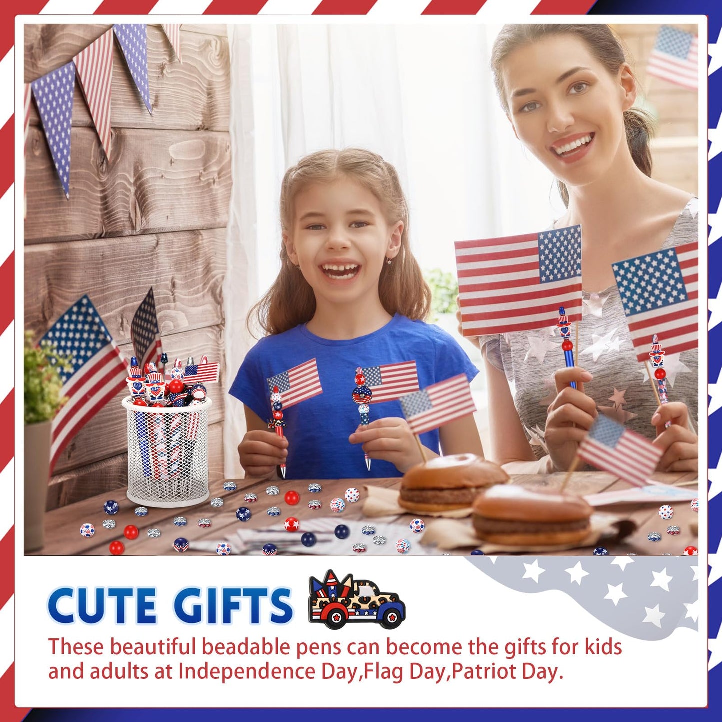 Geyee 12 Set Plastic Beadable Pens Assorted Bead DIY Pens, American Flag