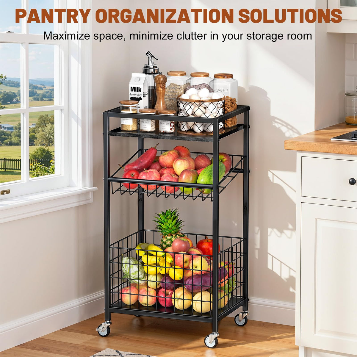 Kssiaz Fruit Vegetable Cart, 3-Tier Snack Cart on Wheels & Wood Top, Black