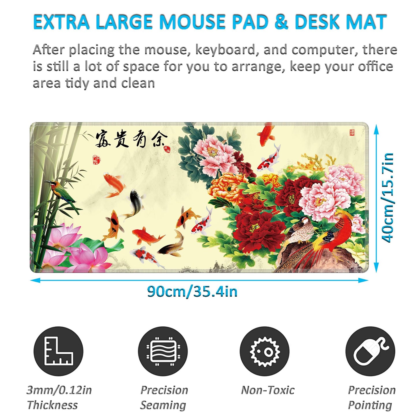 LL-COEUR XXL Landscape Gaming Mouse Pad Computer Keyboard Mat Office Desk Pad (Fish, 35.4" x 15.7"