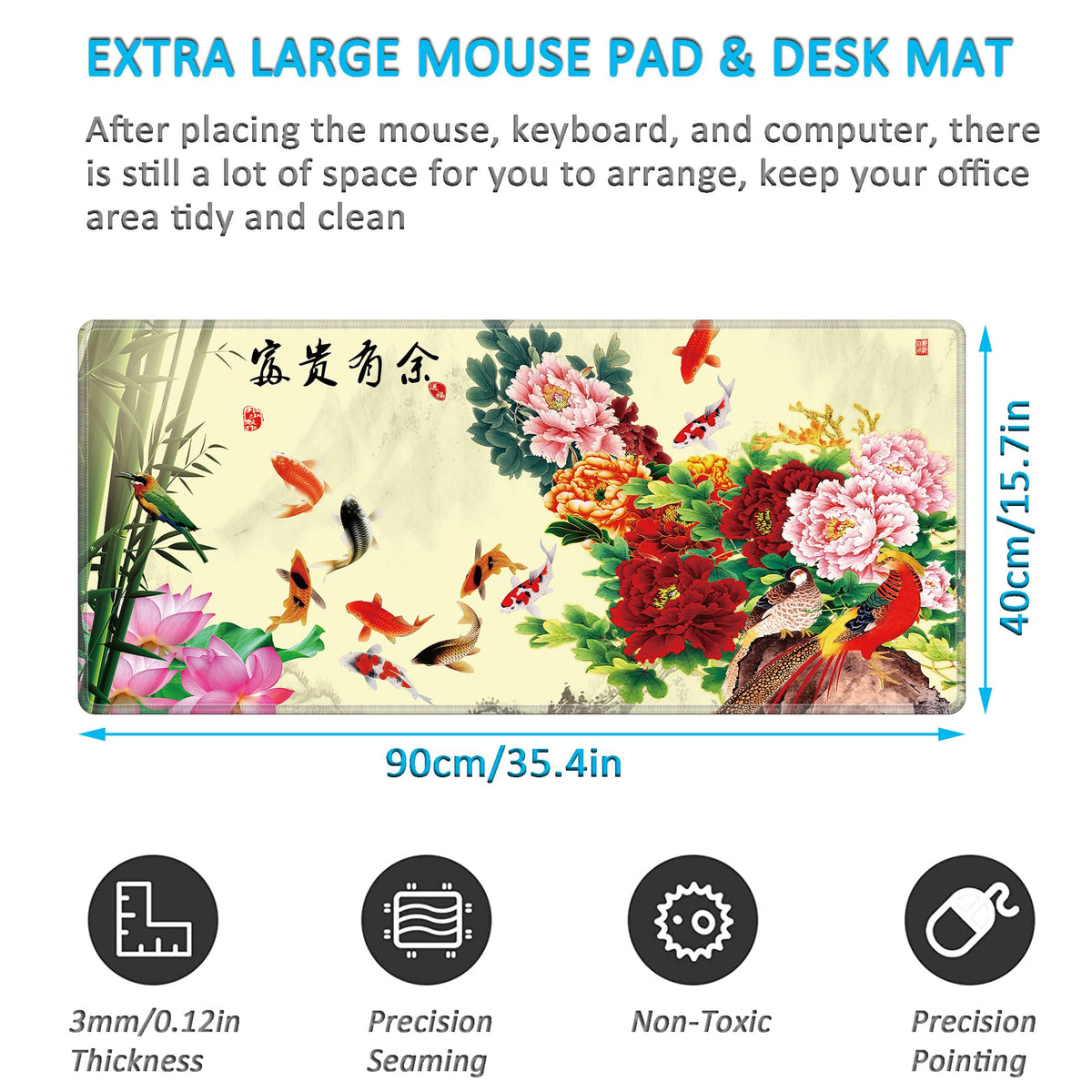 LL-COEUR XXL Landscape Gaming Mouse Pad Computer Keyboard Mat Office Desk Pad (Fish, 35.4" x 15.7"