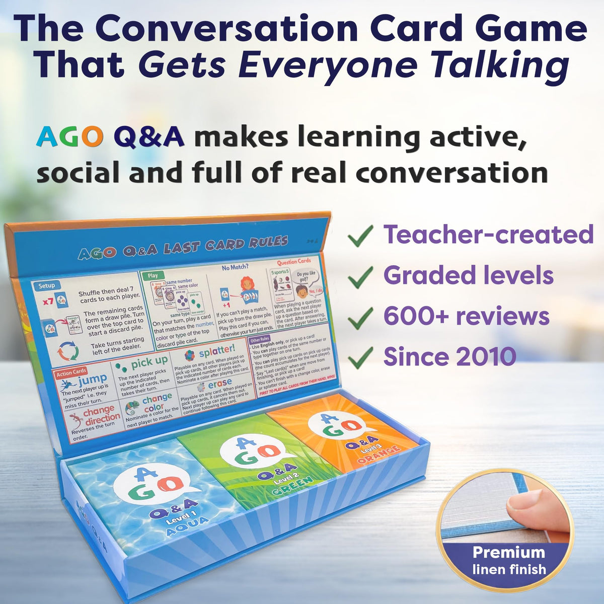 AGO QnA ESL Card Game for Learning English. 3 Level Box Set. Practice English Conversation Through