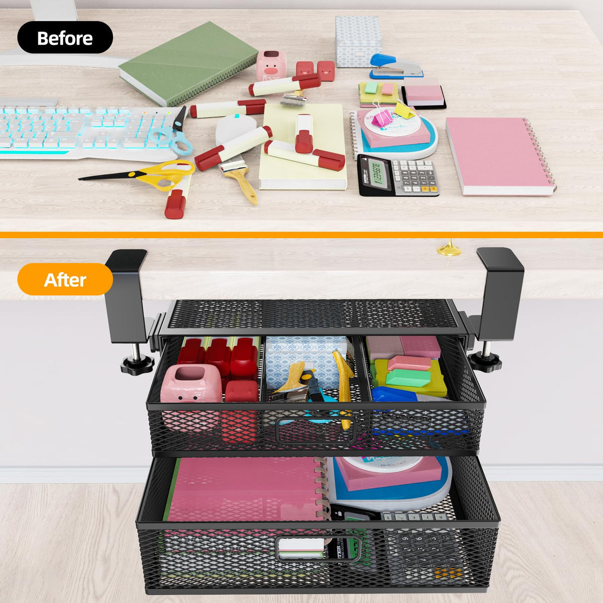 SRJZMLY Under Desk Drawer Organizer No Drill Metal Under Desk Storage Drawer Container 2 Slide Out