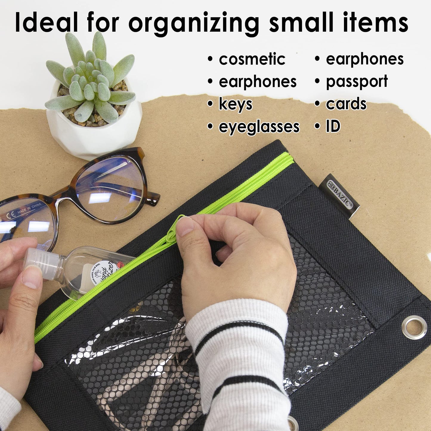 BAZIC Products Noir Neon 3-Ring Pencil Pouch with Mesh Window, 6-Set