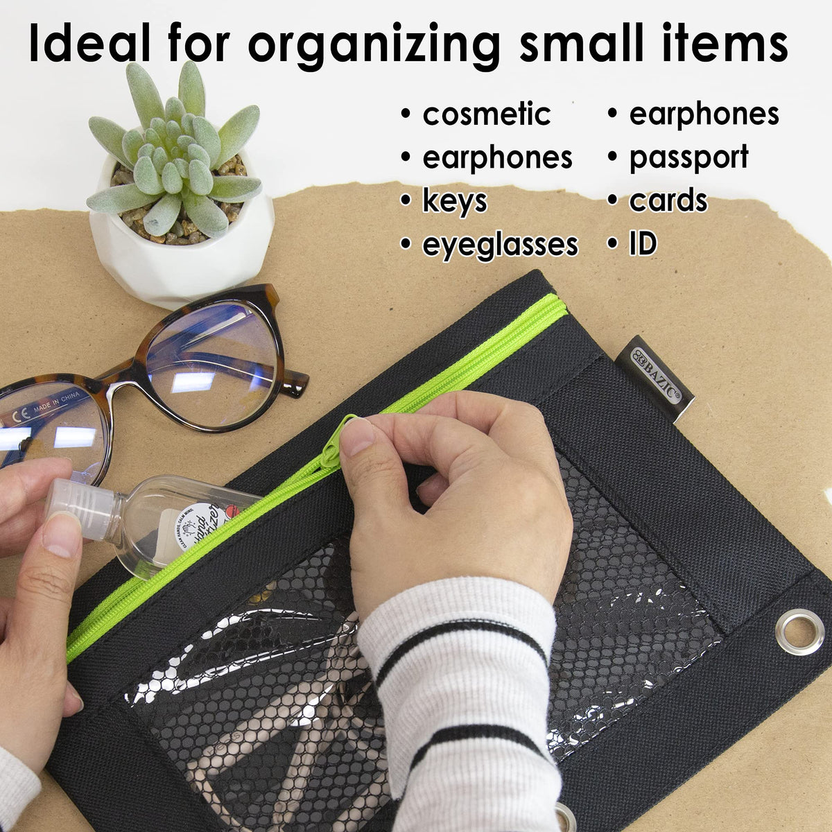 BAZIC Products Noir Neon 3-Ring Pencil Pouch with Mesh Window, 6-Set