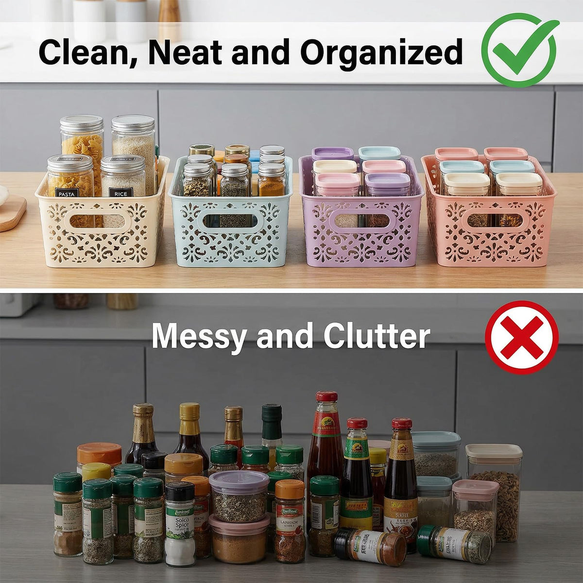 Frcctre 8 Pack Plastic Storage Baskets, Portable Small Pantry Organizer Baskets Bins with Handle
