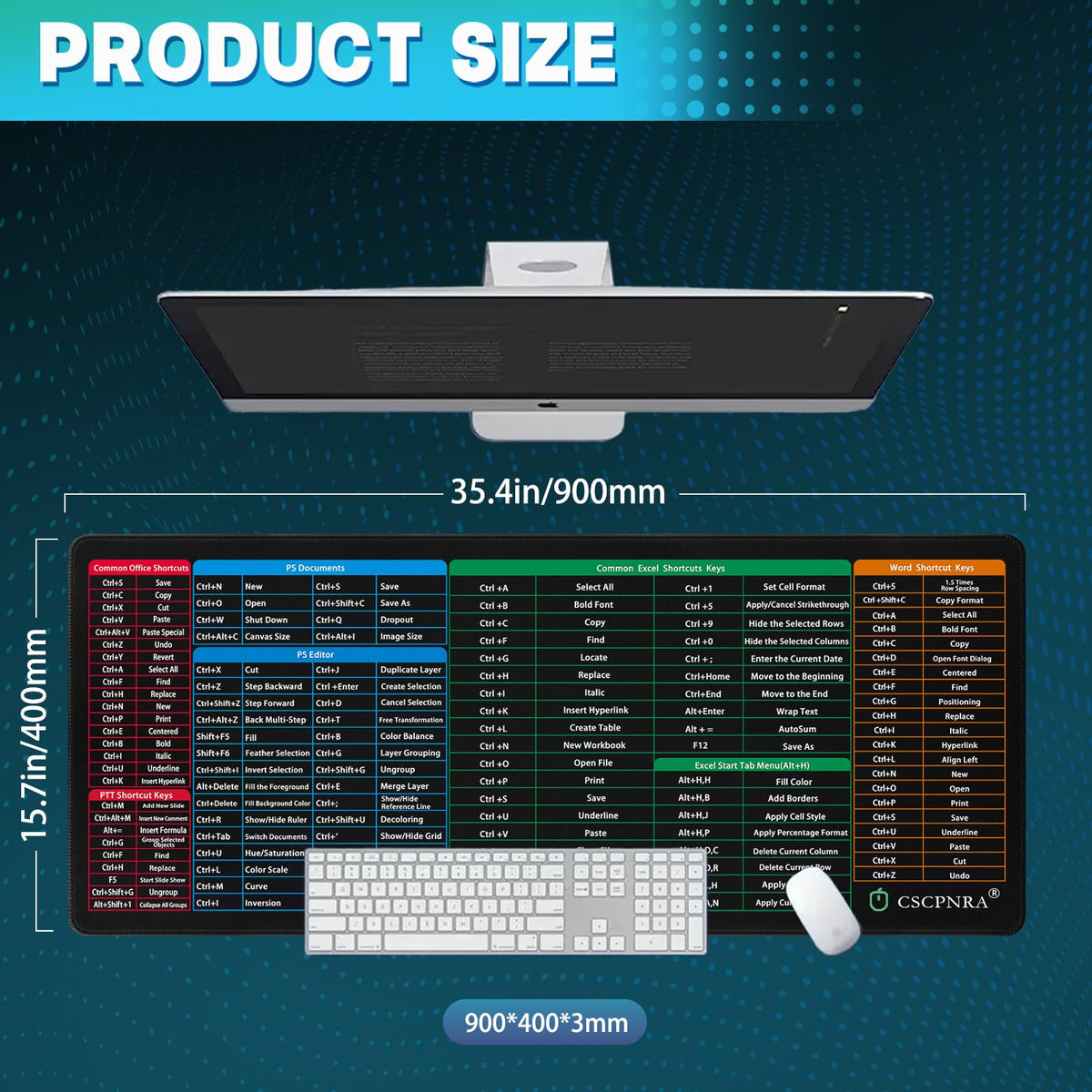 CSCPNRA Excel Cheat Sheet Desk Pad - Large Office Mouse Pad (35.4 * 15.7 * 0.12 in)