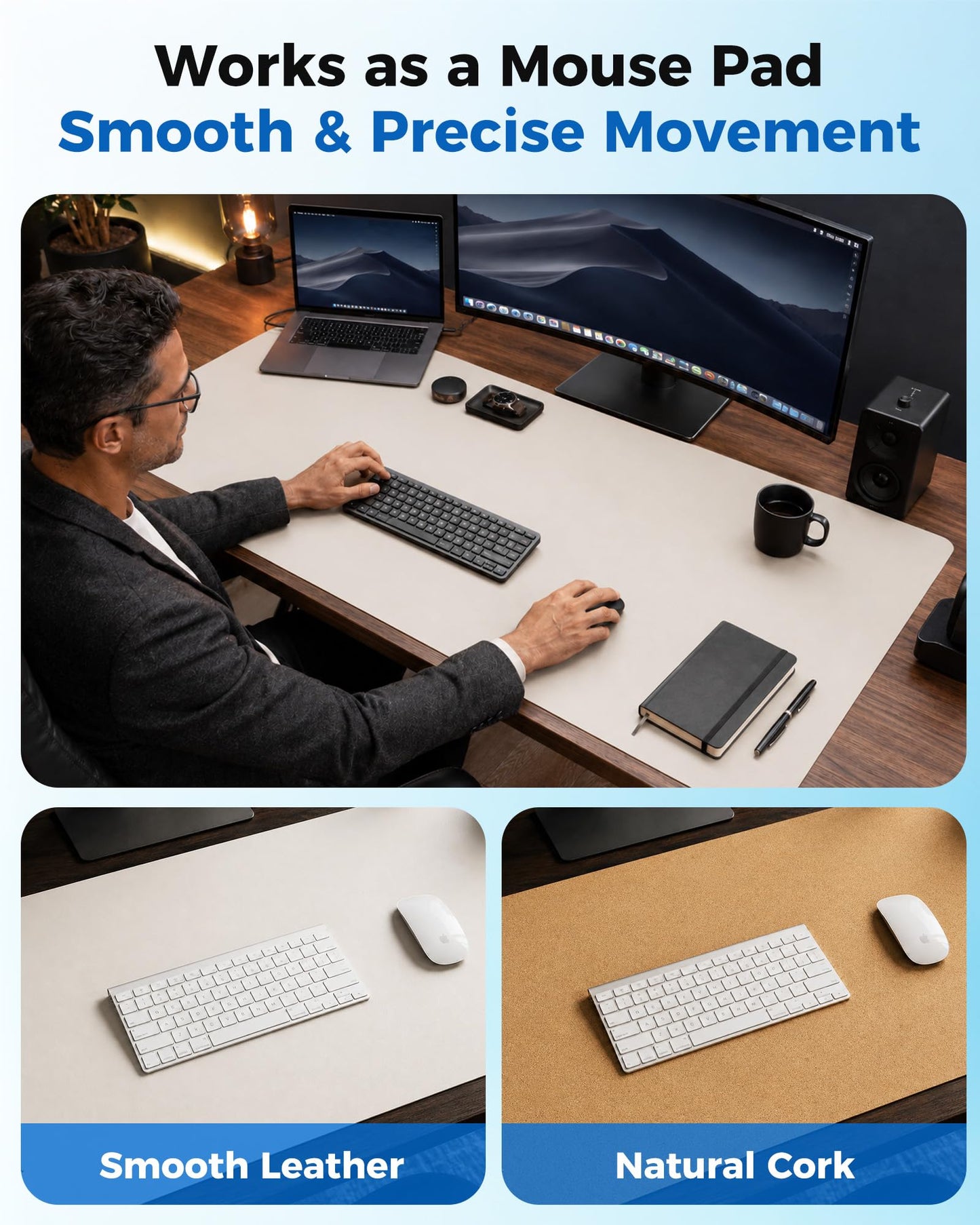 Aothia Dual-Sided Desk Pad - Leather Desk Mat, Natural Cork Desk Pad Protector, Large Mouse Pad for