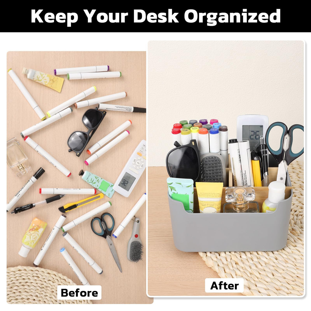 Segarty Gray Desk Storage Organizer, Detachable Divided Bamboo Remote Control Holder Caddy, Desktop