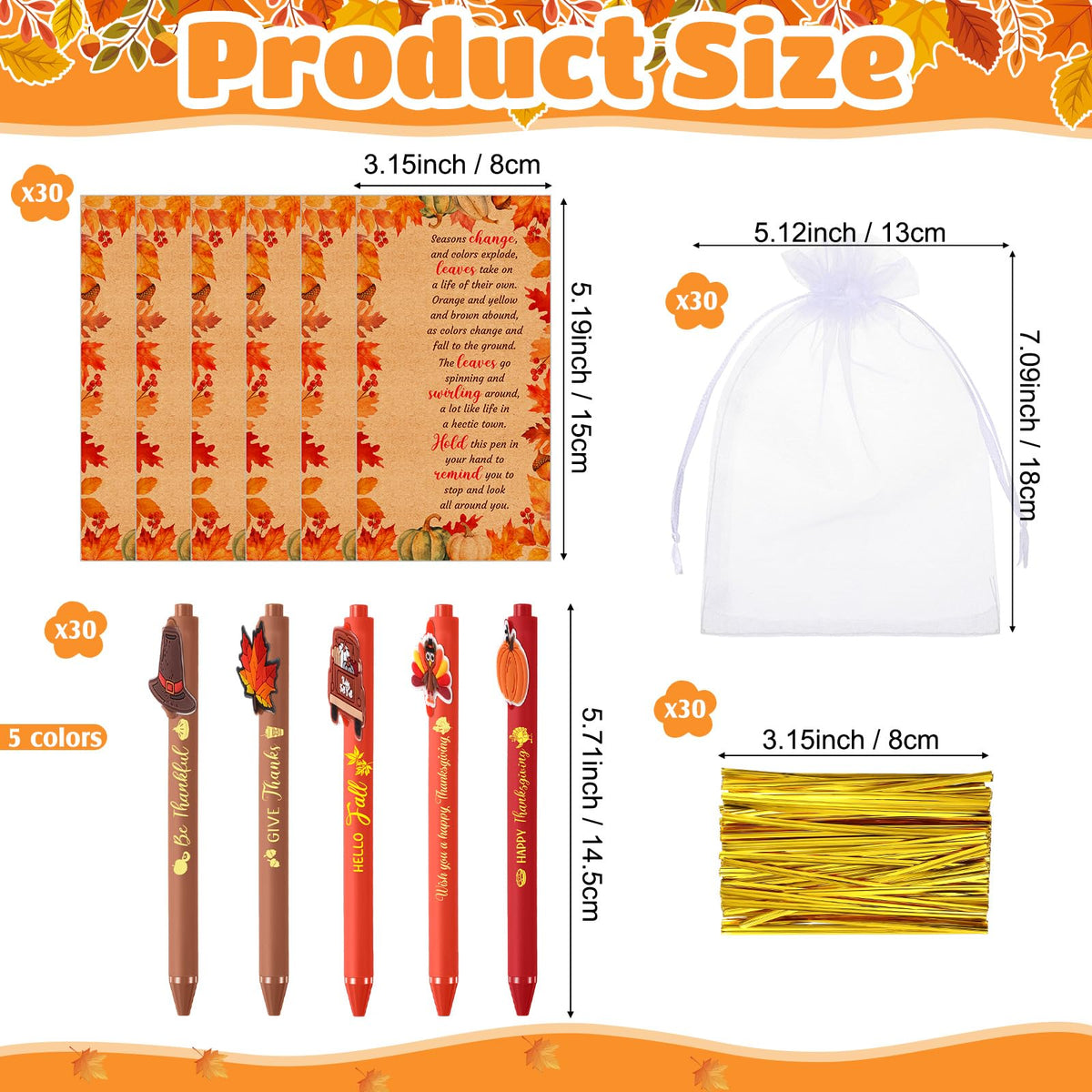 Marspark 30 Sets Fall Gifts Bulk Thanksgiving Ballpoint Pens and Cards