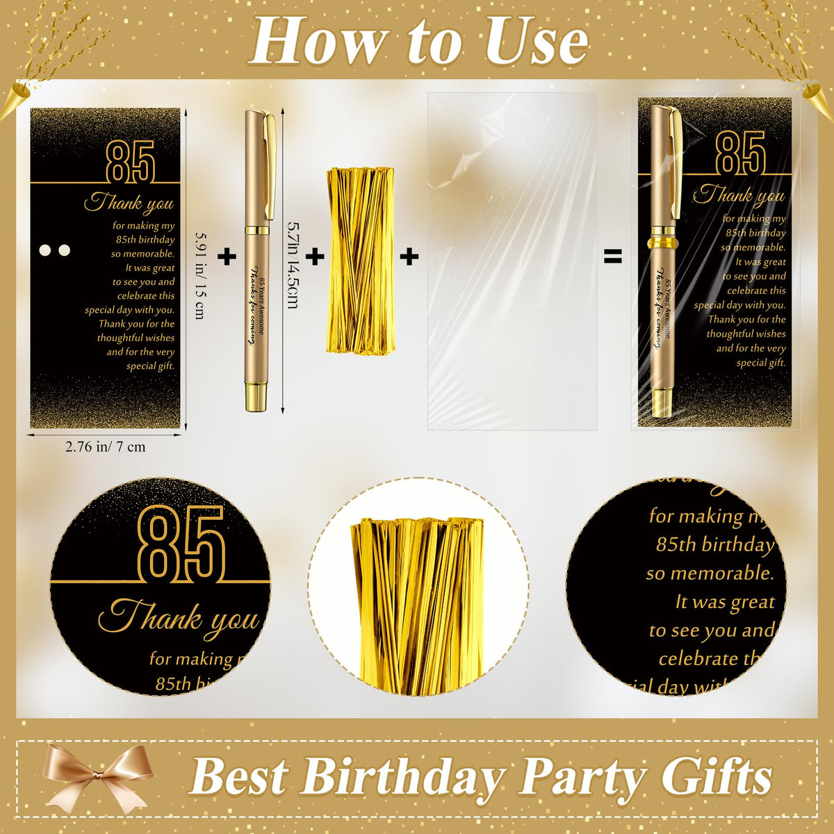 Feifeiya 50 Set 85th Birthday Favors with Black Gold Pens Cards
