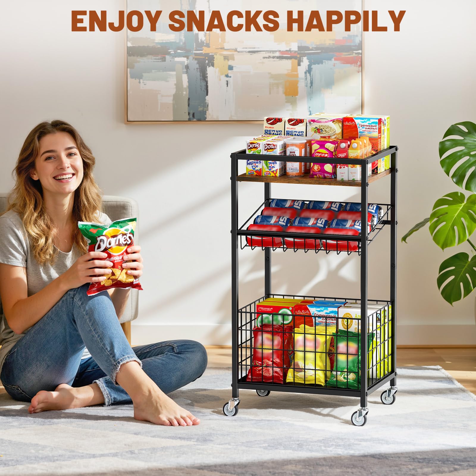 Kssiaz Fruit Vegetable Cart, 3-Tier Snack Cart on Wheels & Wood Top, Brown