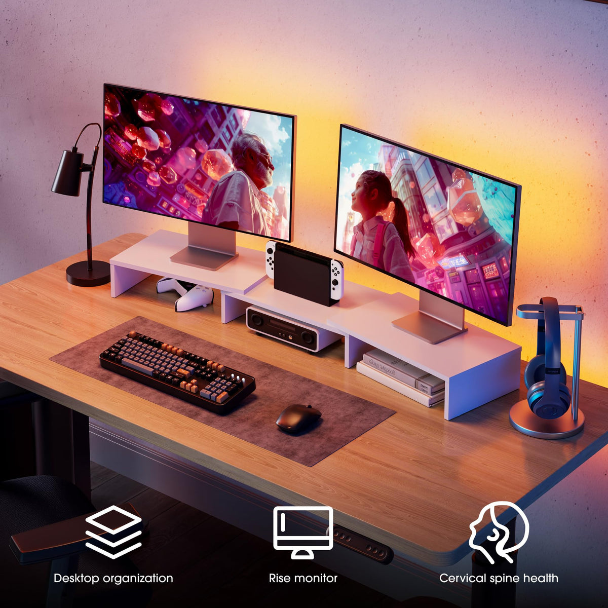 FITUEYES Dual Monitor Stand Riser, Adjustable Length and Angle, White