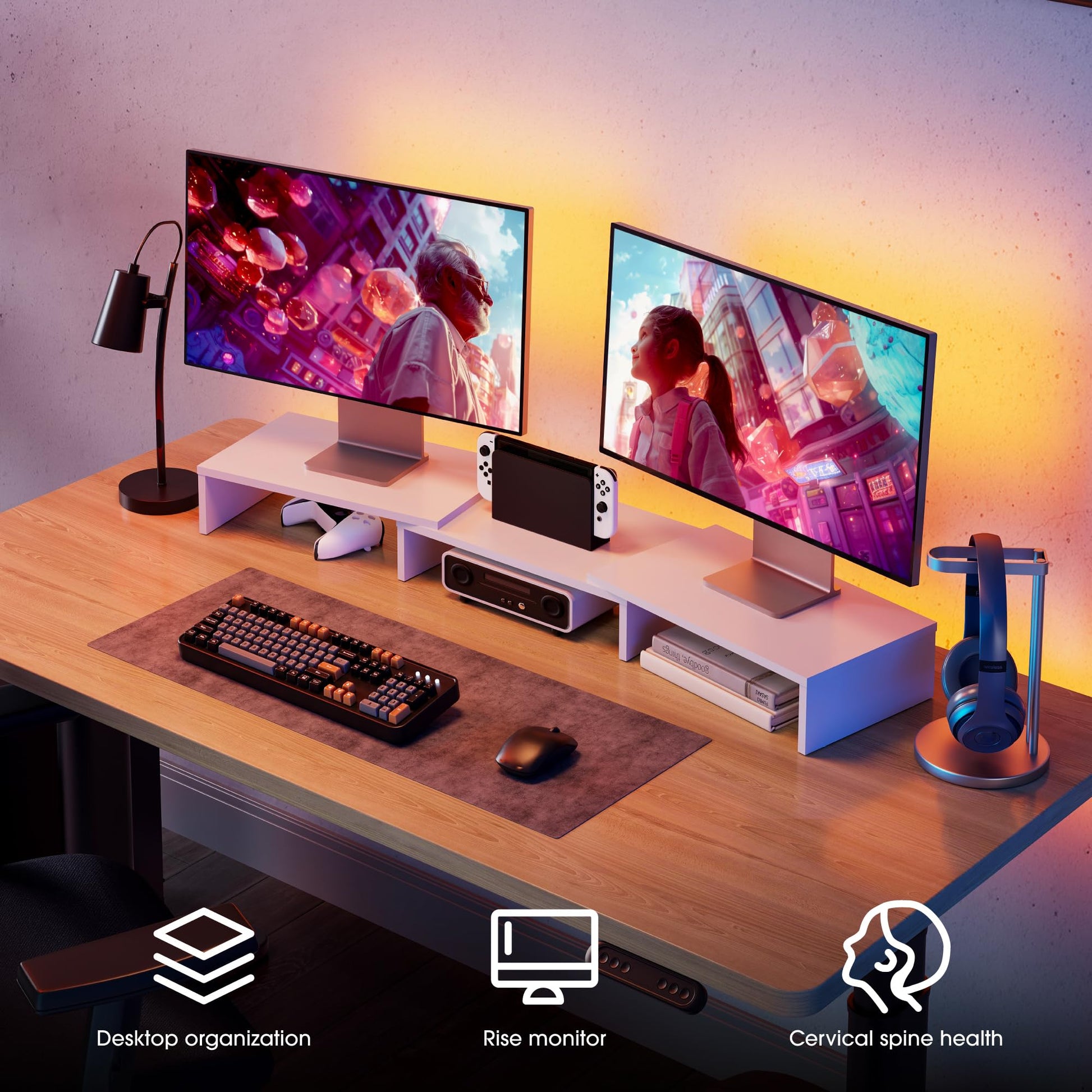 FITUEYES Dual Monitor Stand Riser, Adjustable Length and Angle, White