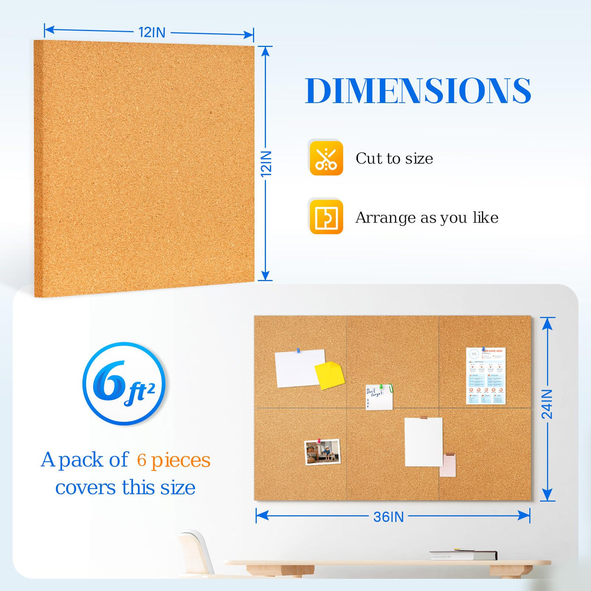 DOLLAR BOSS Cork Board Tiles, 6 Packs 12" x 12" 1/2" Thick Bulletin Board