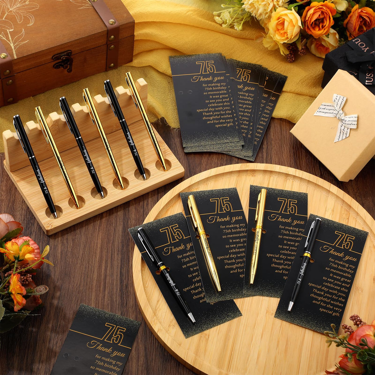 Feifeiya 75th Birthday Party Favors with Black Gold Pens Thank You Cards