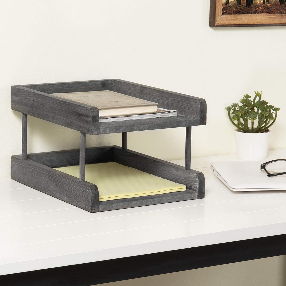 MyGift 2-Tier Rustic Gray Wood Paper File Organizer in and Out Tray/Office Desktop Document Holder