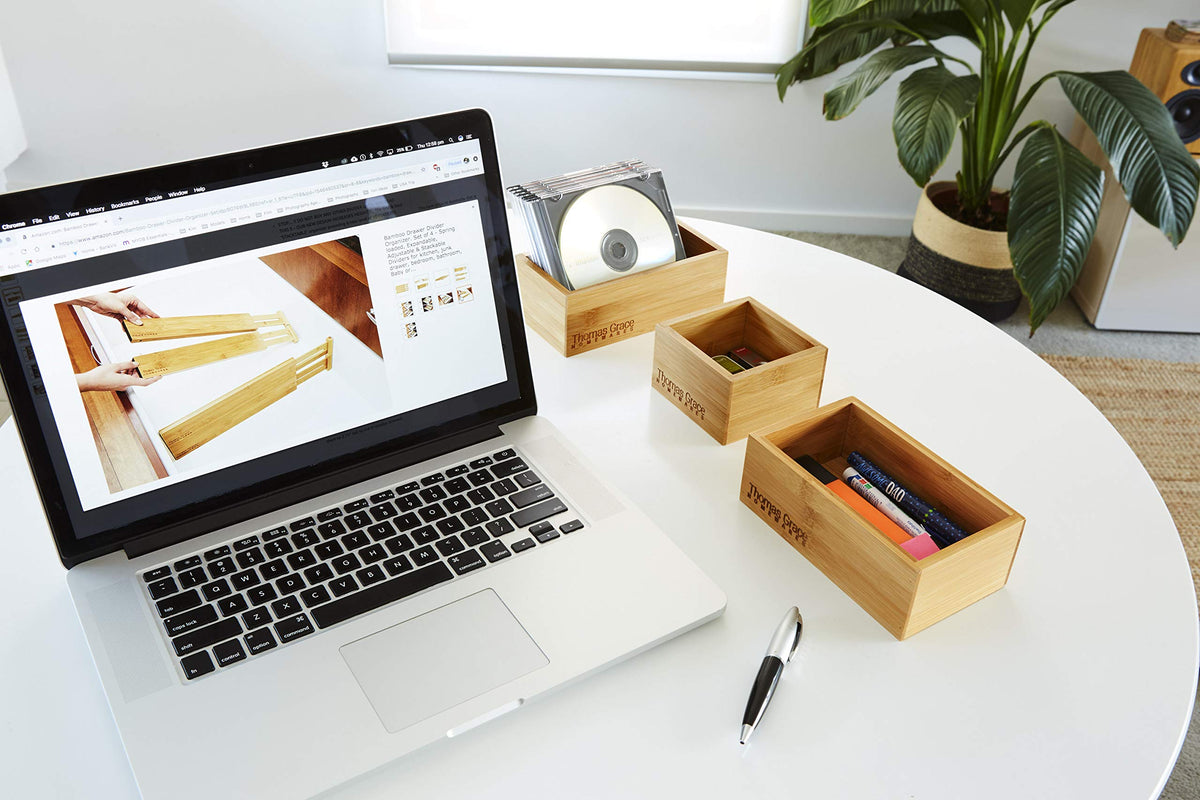 Bamboo Drawer Organizer and Storage Set, Multi-use Set of 5 Storage Trays, Wood Boxes of various