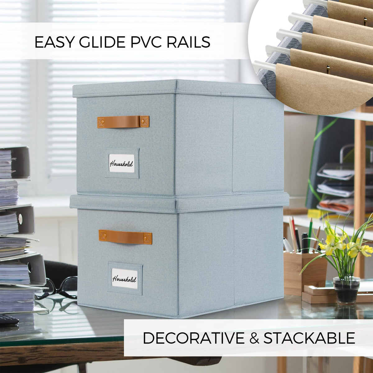 Decorative File Organizer Box Set of 2 - Collapsible Linen Filing Cabinets